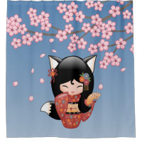 Kitsune Kokeshi Doll Negro Fox Geisha Chica Azul
