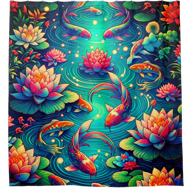 Cortina De Ducha "Koi Fish y Lotus Flowers - Vibrante arte acuático (Anverso)