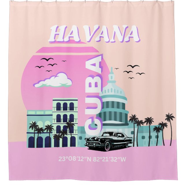Cortina De Ducha La Habana Cuba: arte de viajes rosado (Anverso)