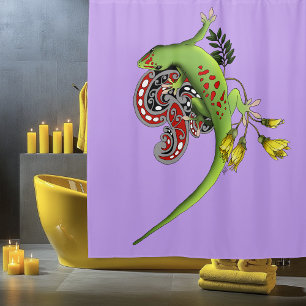 Cortina De Ducha Lagarto Verde Tribal Lavanda Rojo