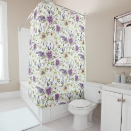 Cortina De Ducha Lavanda y patrón floral de acuarela amarillo