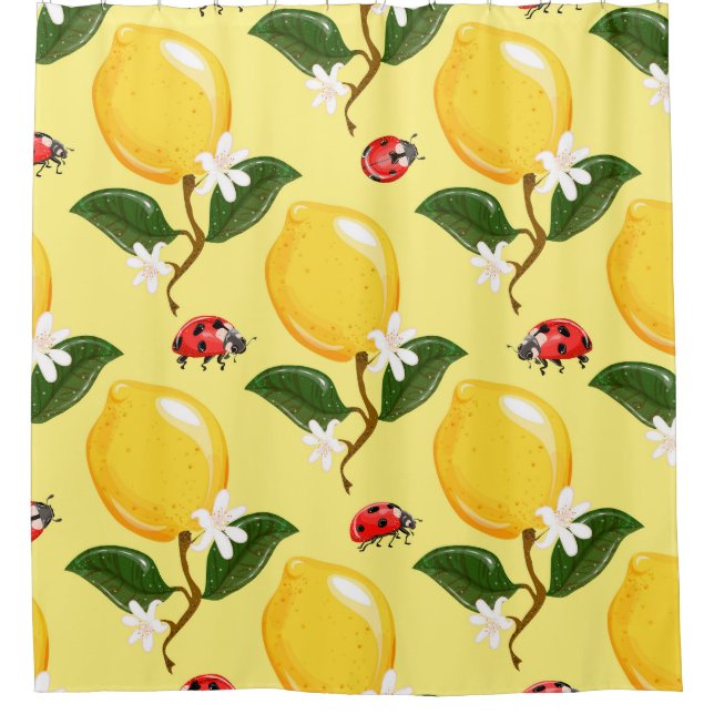 Cortina De Ducha Lemon Ladybug: Patrón amarillo tropical. (Anverso)