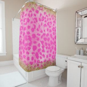 Cortina De Ducha Leopardo Rosa Estampado Leopardo Brillo Dorado Mod