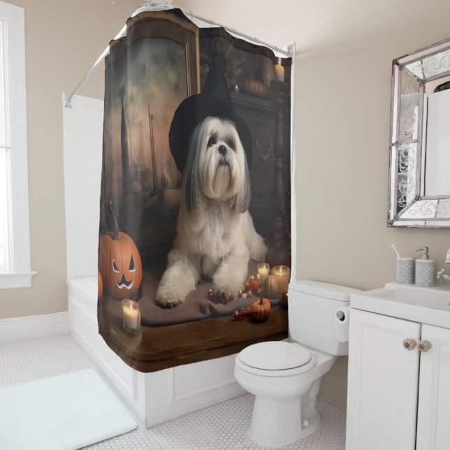 Cortina De Ducha Lhasa Apso Pumpkins Halloween Scary (In situ)