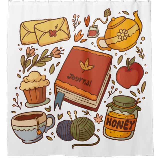 Cortina De Ducha Libros Florales y Té (Anverso)