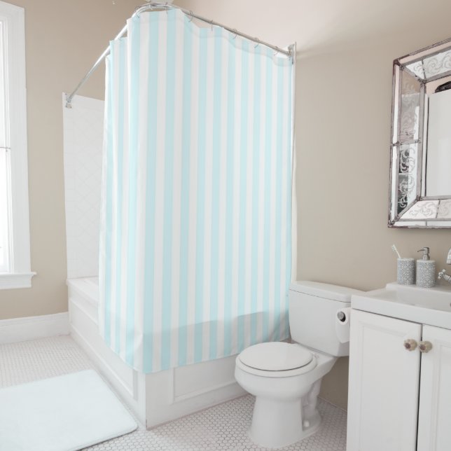 Cortina De Ducha Light Blue Pastel Stripes Pattern Nautical Modern  (In situ)