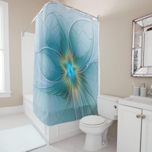 Cortina De Ducha Little Beauty Modern Blue Gold Fractal Art Flower (In situ)