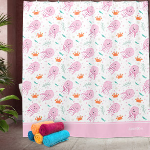 Cortina De Ducha Little Girls Pink Ocean Jellyfish and Crab Pattern