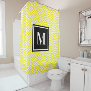Cortina De Ducha Llave Griega Amarillo Brillante Monograma Blanco N