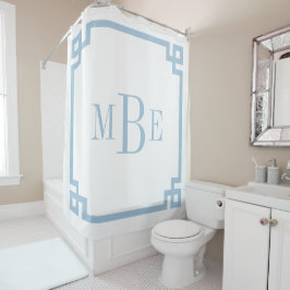 Cortina De Ducha Llave Griega Azul Cielo y Blanco | Monogramado