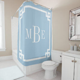 Cortina De Ducha Llave Griega Azul Cielo y Blanco | Monogramado
