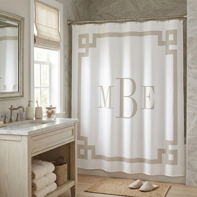 Cortina De Ducha Llave Griega Beige Claro y Blanco | Monogramado (Subido por el creador)