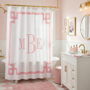 Cortina De Ducha Llave Griega Rosa y Blanca de Pétalo Monogramado