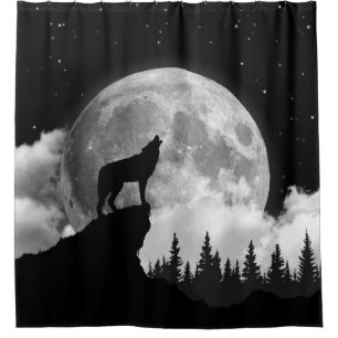Cortina De Ducha Lobo blanco y negro aullando en la luna