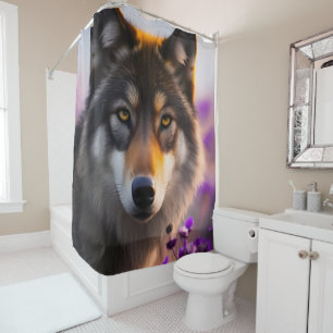 Cortina De Ducha Lobo gris en flores púrpura