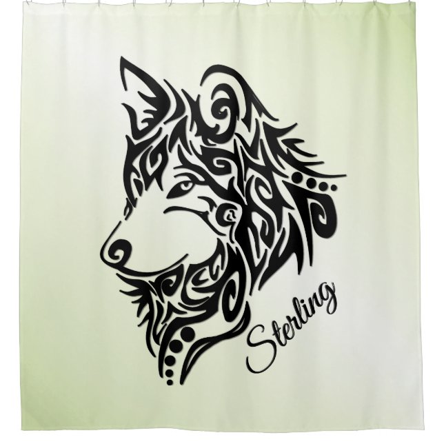 Cortina De Ducha Lobo tribal negro solitario verde personal (Anverso)