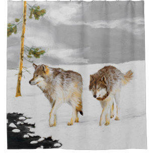 Cortina De Ducha Lobos en pintura de nieve - Arte de vida salvaje o