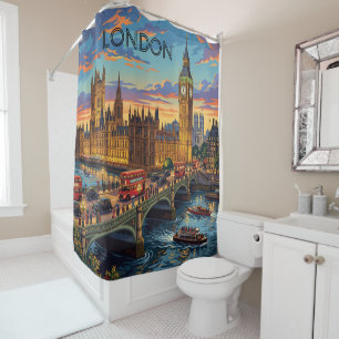 Cortina De Ducha Londres Inglaterra Arte de Viaje Vintage 