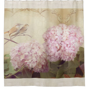 Cortina De Ducha Los pájaros de la canción en Hydrangea de la ram