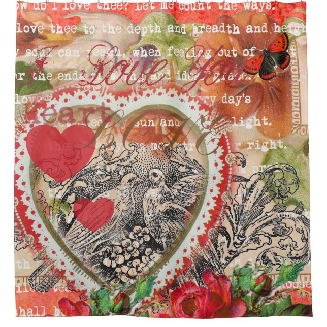 Cortina De Ducha Love Birds Heart Red Art Collage (Anverso)