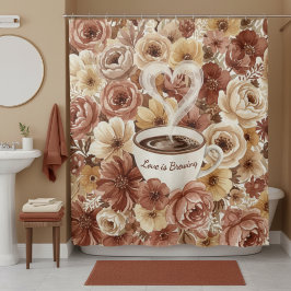 Cortina De Ducha Love is Brewing Brown Floral Coffee Heart Mug