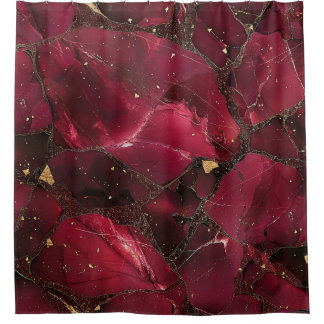 Cortina De Ducha Lujo Mármol Rojo Burgundy Rubí Kintsugi Dorado