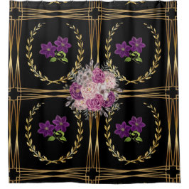 Cortina De Ducha Lujoso Black Gold Morple Floral Trendy Modern