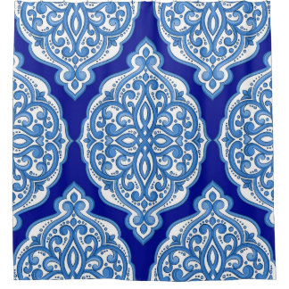 Cortina De Ducha Lujoso decorado en blanco y azul turco.