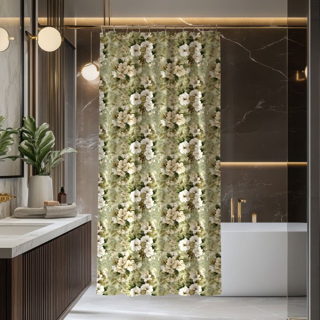 Cortina de ducha Lux Green con acento de follaje d (Lux Green Shower Curtain Gold Foliage Accent)