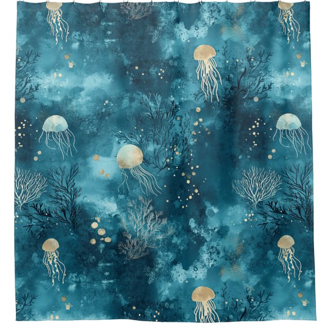 Cortina De Ducha Lux Ocean Jellyfish & Coral Gold Pattern (3) (Anverso)