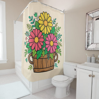Cortina De Ducha Macetero de madera floral alegre retro