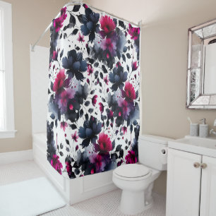 Cortina De Ducha Magenta Rosa y Azul Acuarela Floral con Tinta