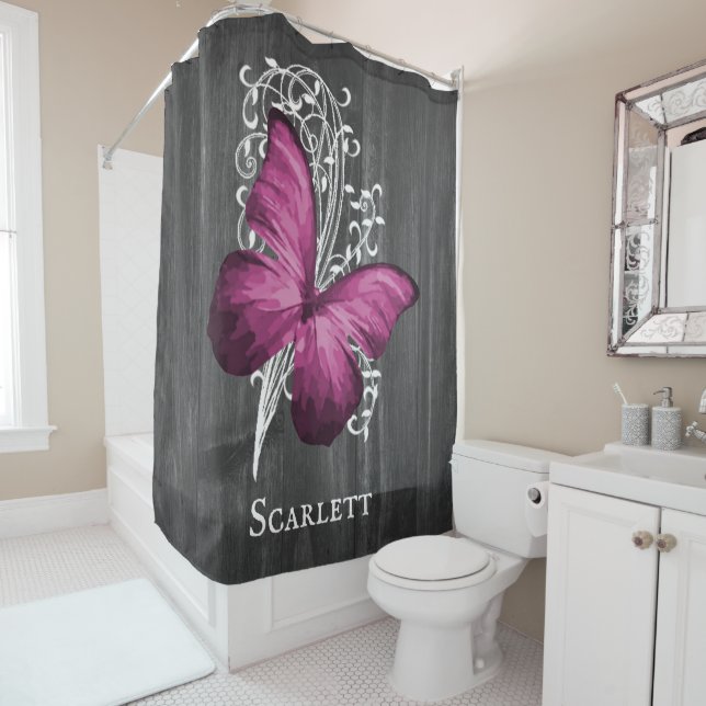 Cortina De Ducha Magenta Rustic Butterfly personalizada (In situ)