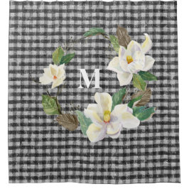 Cortina De Ducha Magnolia Floral Black and White Check con Monogram