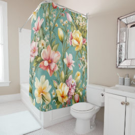 Cortina De Ducha Magnolia rosa y amarilla exquisita con flores blan