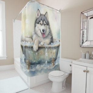 Cortina De Ducha Malamute De Alaska En Bañera Acuarela Arte De Perr