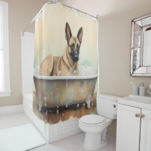 Cortina De Ducha Malinois Belga En Bañera Acuarela Perro Arte
