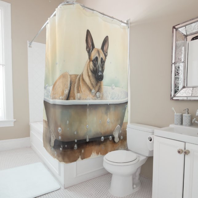 Cortina De Ducha Malinois Belga En Bañera Acuarela Perro Arte (In situ)