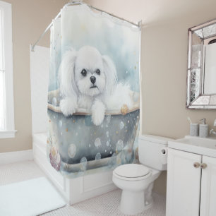 Cortina De Ducha Maltés En La Bañera Acuarela Arte De Perro