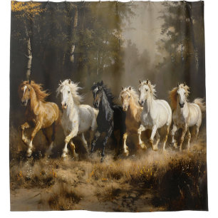 Cortina De Ducha Manada de caballos en la pintura forestal