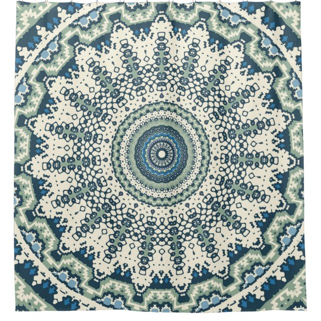 Cortina De Ducha Mandala verde azul tribal (Anverso)