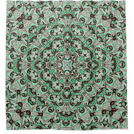 Cortina De Ducha Mandala verde claro, menta y marrón.