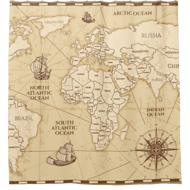 Cortina De Ducha Mapa antiguo vintage del mundo con países fronteri (Anverso)
