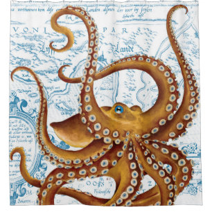 Cortina De Ducha Mapa de cosecha azul octopus marrón
