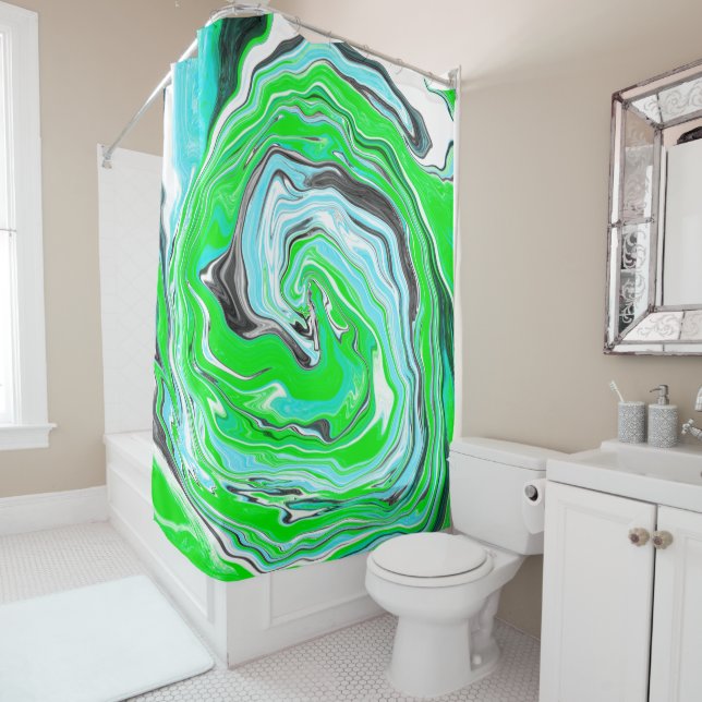 Cortina De Ducha Marble azul Lime Green y Aqua (In situ)