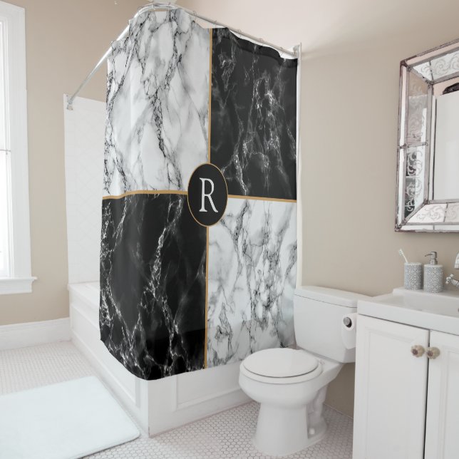 Cortina De Ducha Marble negro y blanco moderno de comprobación - Añ (In situ)