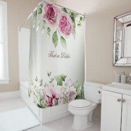 Cortina De Ducha Marco floral rosa color agua Bronce brillante eleg