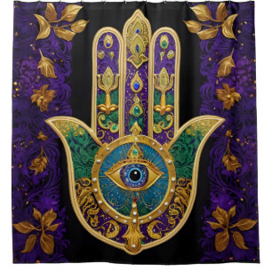 Cortina De Ducha Mardi Gras Gold Purple Green Hamsas Art