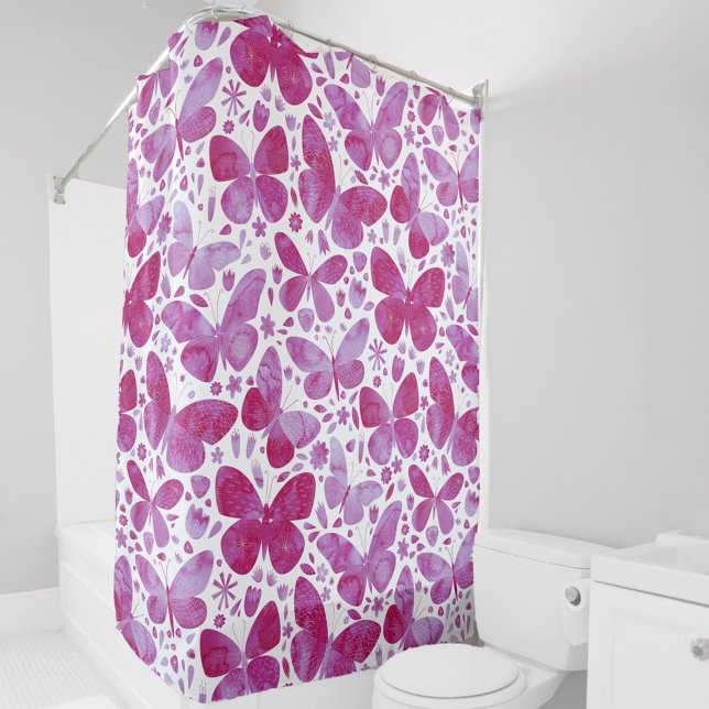 Cortina De Ducha Mariposa acuarela Magenta rosa (Hot magenta pink watercolor butterfly pattern shower curtain)