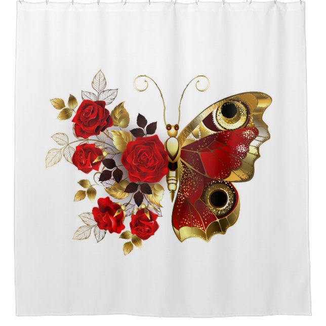 Cortina De Ducha Mariposa de flor roja con rosas rojas (Anverso)
